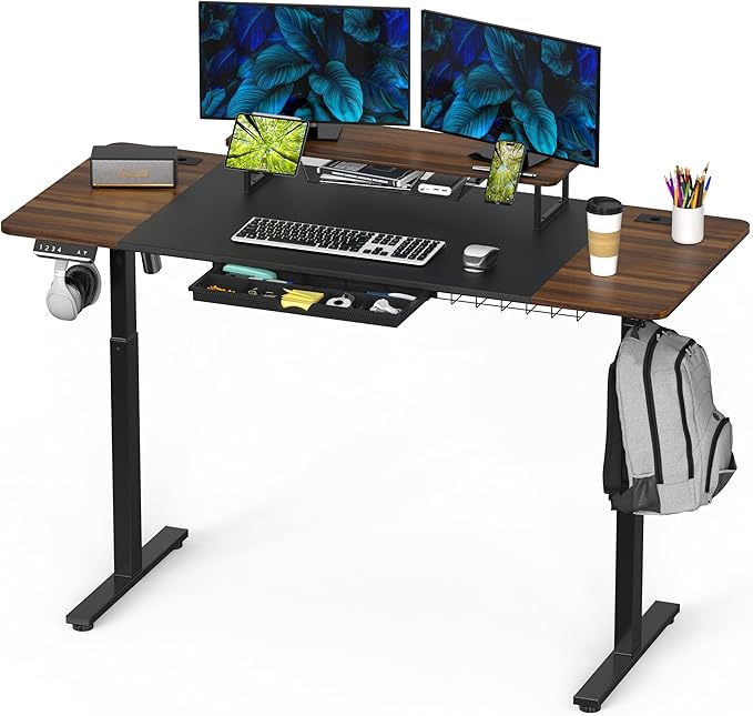 SHW 62-Inch Extra Large Electric Height Adjustable Standing Desk with Monitor Riser and Drawer, 62 x 28 Inches, Walnut - LeafyLoom