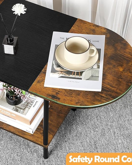 Coffee Tables for Living Room,2-Tier Small Coffee Table Farmhouse Oval Center Table with Storage Shelf and Wood Tabletop,for Small Space,Home Office,Black & Brown - LeafyLoom