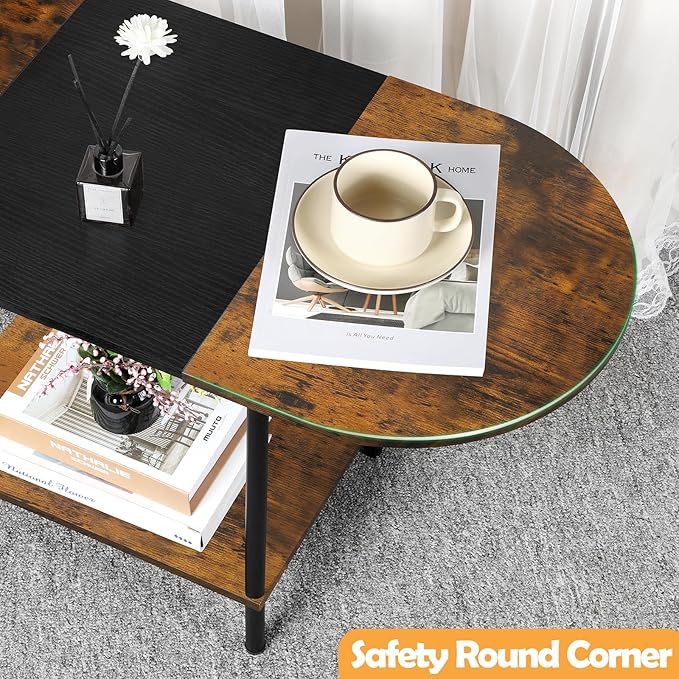 Coffee Tables for Living Room,2-Tier Small Coffee Table Farmhouse Oval Center Table with Storage Shelf and Wood Tabletop,for Small Space,Home Office,Black & Brown - LeafyLoom