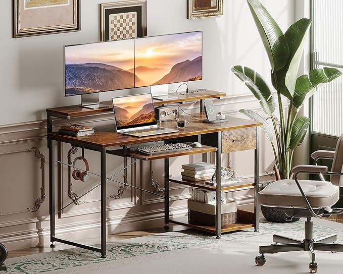 AODK Computer Desk with Keyboard Tray, 48 Inch Office Desk with Power Outlet, Work Desk with Drawer, Reversible Desk with Adjustable Monitor Shelf and Storage Shelf for Home, Rustic Brown - LeafyLoom