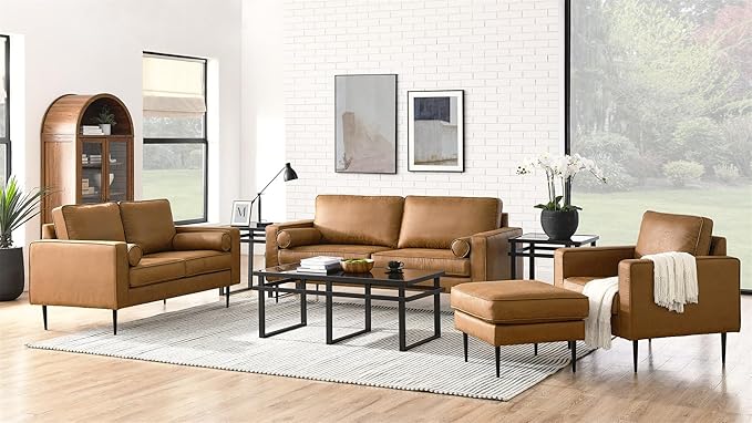 Upholstered 3 Seater Sofa Couch with Metal Legs and Removable Cushions for Livingroom Bedroom, Including 2 Bolster Pillows, Brown, 77" W - LeafyLoom