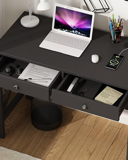 ChooChoo Computer Desk with USB Charging Ports and Power Outlets, 39" Black Desk with Drawers, Small Study Writing Table with Stable X Frame for Home Office - LeafyLoom