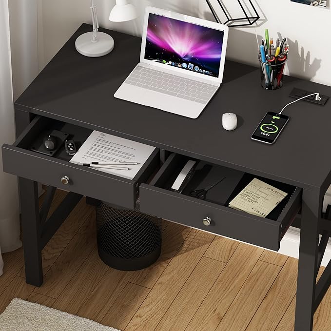 ChooChoo Computer Desk with USB Charging Ports and Power Outlets, 39" Black Desk with Drawers, Small Study Writing Table with Stable X Frame for Home Office - LeafyLoom