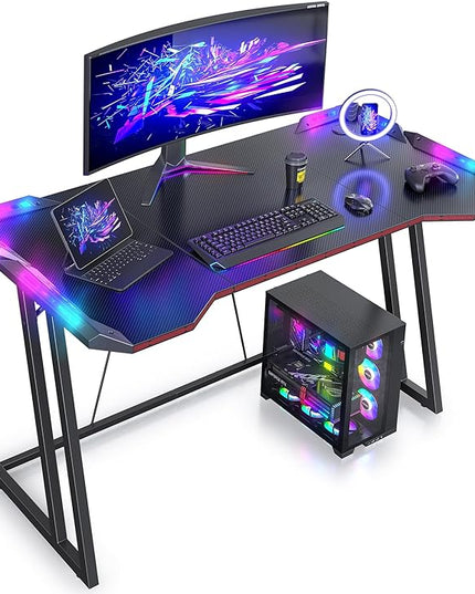 CubiCubi Gaming Desk with LED Lights, 47 Inch Z Shaped Gamer Desk, Home Game Computer Desk with Carbon Fiber Surface, Ergonomic Office PC Workstation with Cable Management, Black - LeafyLoom