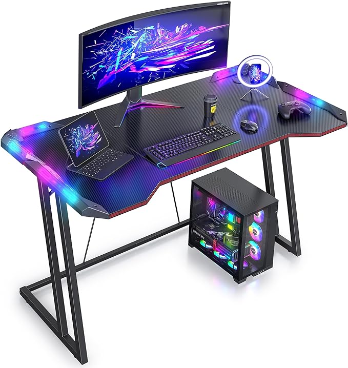CubiCubi Gaming Desk with LED Lights, 47 Inch Z Shaped Gamer Desk, Home Game Computer Desk with Carbon Fiber Surface, Ergonomic Office PC Workstation with Cable Management, Black - LeafyLoom