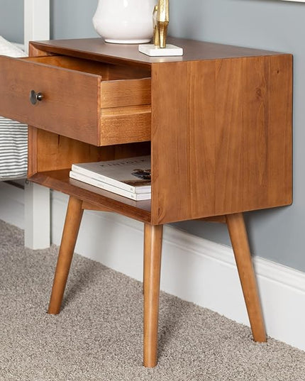 Walker Edison Mid Century Modern Wood Nightstand Side Table Bedroom Storage Drawer and Shelf Bedside End Table, 1 Drawer, Caramel - LeafyLoom