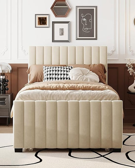 Twin Bed Frame with Trundle Bed,Velvet Upholstered Bed Frame,Twin Size Trundle Bed with Headboard,Upholstered Platform Bed Twin for Kids Teens Adults(Beige) - LeafyLoom