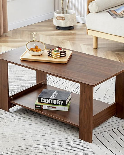 Farmhouse Wood Coffee Table - Boho Tea Table with Storage Shelf, Rectangle Center Table Wood Look Accent Table, 2-Tier Sofa Side Table Modern Rectangular Coffee Table Living Room Furniture - LeafyLoom