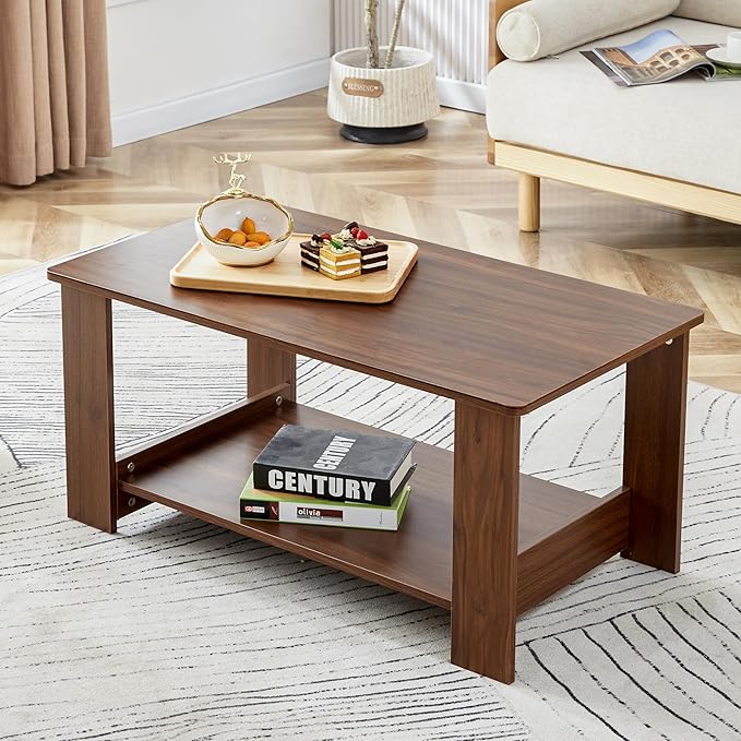 Farmhouse Wood Coffee Table - Boho Tea Table with Storage Shelf, Rectangle Center Table Wood Look Accent Table, 2-Tier Sofa Side Table Modern Rectangular Coffee Table Living Room Furniture - LeafyLoom