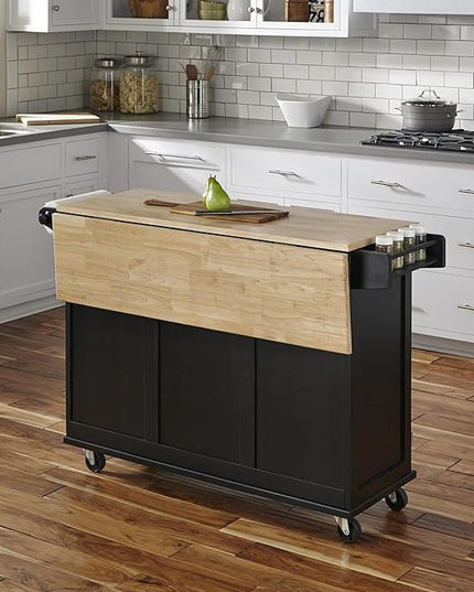 Homestyles Dolly Madison Kitchen Cart with Wood Top and Drop Leaf Breakfast Bar, Rolling Mobile Kitchen Island with Storage and Towel Rack, 54 Inch Width, Black - LeafyLoom