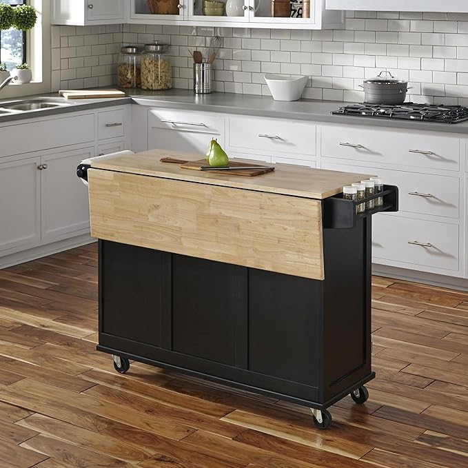 Homestyles Dolly Madison Kitchen Cart with Wood Top and Drop Leaf Breakfast Bar, Rolling Mobile Kitchen Island with Storage and Towel Rack, 54 Inch Width, Black - LeafyLoom