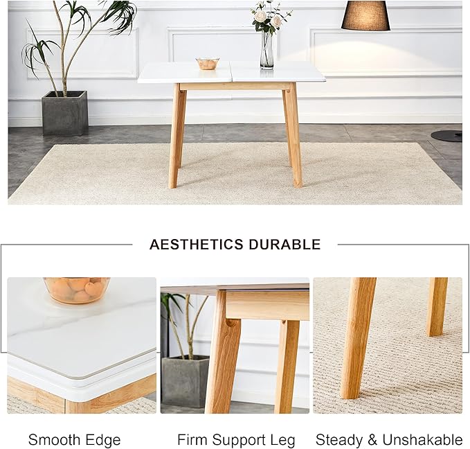 NicBex 47.2Inch Folding Dining Table,Modern Kitchen Table with White Sintered Stone Tabletop and Rubber Wooden Legs for 4 to 6,Large Dining Room Table for Kitchen,Meeting Living Room,Space-Saving,Wood - LeafyLoom
