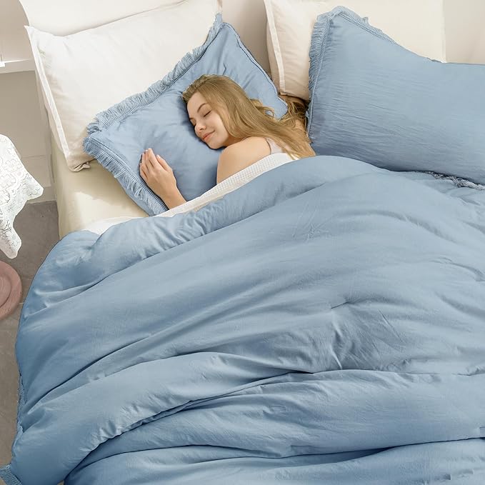 Andency Grayish Blue Comforter Set Full Size, 3 Pieces Boho Tassel Lightweight Bedding Comforter Sets, All Season Soft Fluffy Fringe Bed Set (79x90In Comforter & 2 Pillowcases) - LeafyLoom