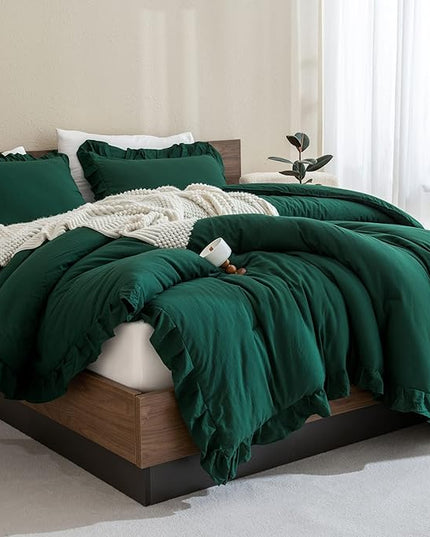 Andency Dark Emerald Green Comforter Set King, 3 Pieces Lightweight Ruffle Bedding Comforter Sets, Farmhouse Ruffle Bed Comforter Set, Lightweight and Soft Bedding Comforter for All Seasons - LeafyLoom