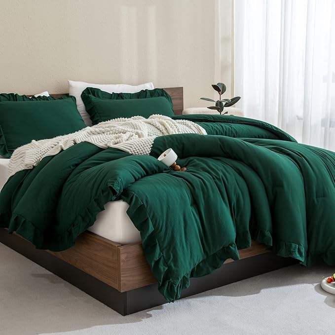 Andency Dark Emerald Green Comforter Set Queen, 3 Pieces Solid Ruffle Farmhouse Bedding Set for Queen Bed, Lightweight Soft Ruffled Bed Comforter Set for All Seasons - LeafyLoom