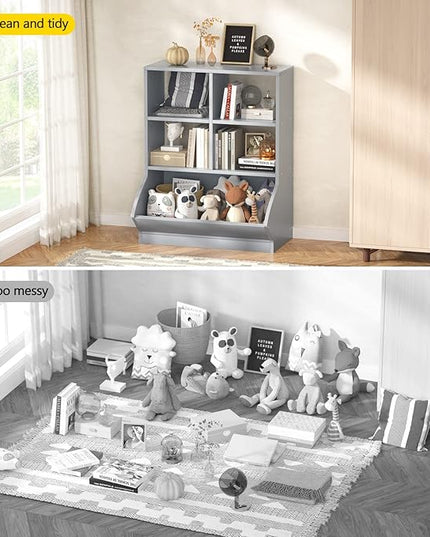 Aheaplus Toy Storage Organizer with Bookcase, 3 Cubby Bookshelf Toy Storage Cabinet, Open Multi-Bins Toys&Books Storage Display Organizer for Playroom, Bedroom, Nursery, School, Grey - LeafyLoom
