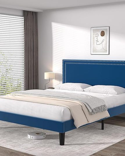 VECELO Queen Size Platform Bed Frame with Height Adjustable Upholstered Headboard, Modern Mattress Foundation,Strong Wood Slat Support, No Box Spring Needed, Easy Assembly - LeafyLoom