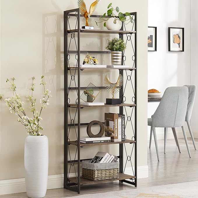 VECELO Folding Bookshelf, 5-Tier Bookcase Foldable, Industrial Tall Book Shelf Storage Organizer with Collapsible Metal Frame for Living Room/Home Office,Light Brown,1 Set - LeafyLoom