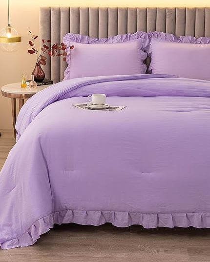 Andency Lavender Twin Size Comforter(66x90Inch), 2 Pieces(1 Ruffle Comforter and 1 Pillowcase) Solid Farmhouse Shabby Chic Comforter, Lighteweight and Soft Microfiber Bedding Set - LeafyLoom