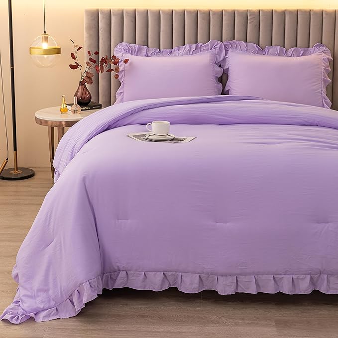 Andency Lavender Twin Size Comforter(66x90Inch), 2 Pieces(1 Ruffle Comforter and 1 Pillowcase) Solid Farmhouse Shabby Chic Comforter, Lighteweight and Soft Microfiber Bedding Set - LeafyLoom