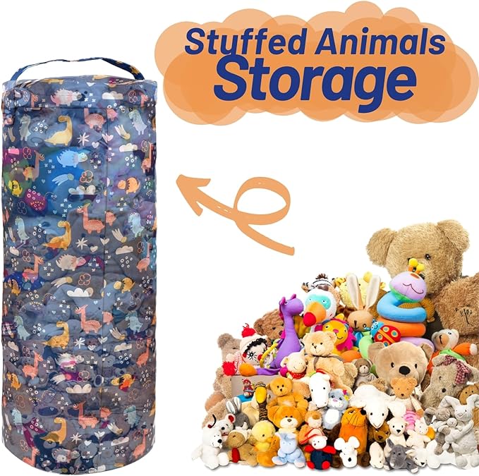 Dinosaur Stuffed Animal Storage Bean Bag Cover for Kids - Organize, Sit, Play & Box Help Promote Comfort and Relaxation - Perfect Playroom & Bedroom Plush Toys Beanbag, Cylinder, Best Gift for Kids - LeafyLoom