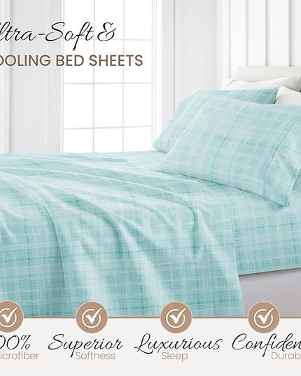 4 Piece California King Bedding Sheets Set (Aqua Thatch) - Sleep Better Than Ever with These Ultra-Soft & Cooling Bed Sheets for Your Cal King Size Bed - Deep Pocket Fits 16" Mattress - LeafyLoom