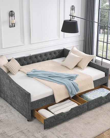 Queen Size Daybed with 2 Storage Drawers,Linen Upholstered Sofa Bed W/Button on Back & Copper Nail on Waved Shape Armrests,No Spring Box Need,Wood Bedframe for Living Room Bedroom Dorm,Grey - LeafyLoom