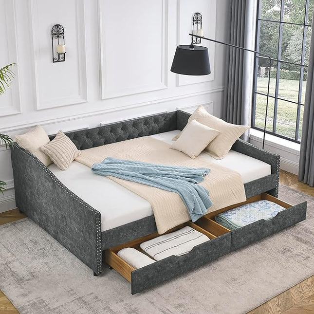 Queen Size Daybed with 2 Storage Drawers,Linen Upholstered Sofa Bed W/Button on Back & Copper Nail on Waved Shape Armrests,No Spring Box Need,Wood Bedframe for Living Room Bedroom Dorm,Grey - LeafyLoom