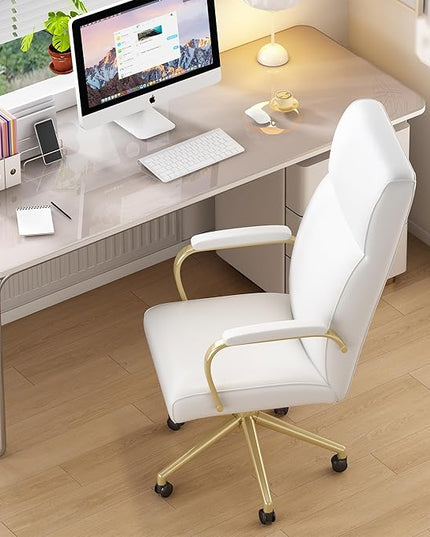 White and Gold Office Chair, High Back office Chair for Women, Modern Desk Chair Comfy with Arms, Leather Executive office Chair with Wheels - LeafyLoom