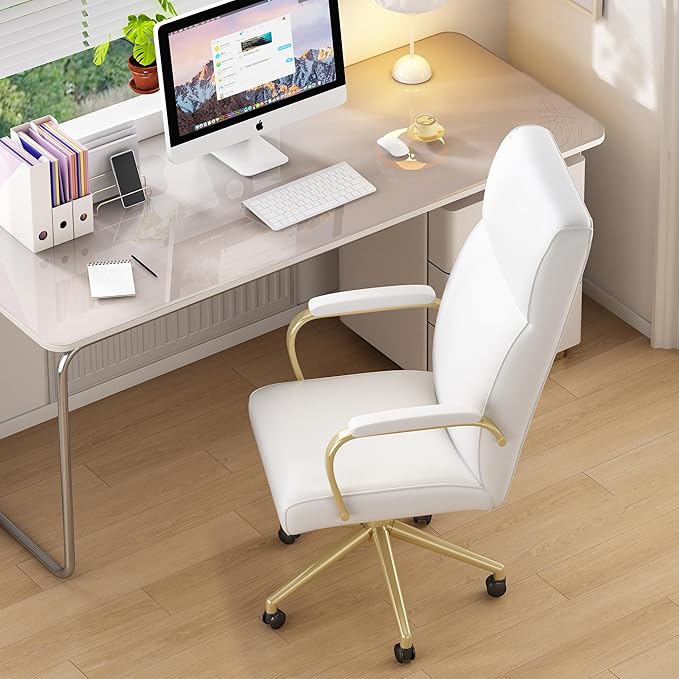 White and Gold Office Chair, High Back office Chair for Women, Modern Desk Chair Comfy with Arms, Leather Executive office Chair with Wheels - LeafyLoom