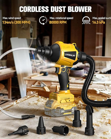 LIVOWALNY Cordless Dust Blower for Dewalt 20V Battery, Leaf Blower Brushless Handheld Blower Sawdust Blower 447 MPH/39 CFM for Garages, Sawmill Room, Workshop Cleaning, Home Improvement (No Battery) - LeafyLoom