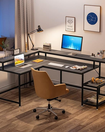 L-Shaped Desk with Monitor Shelf,Corner Computer Desk with Storage, Gray - LeafyLoom