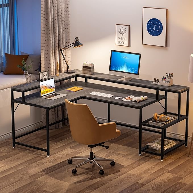 L-Shaped Desk with Monitor Shelf,Corner Computer Desk with Storage, Gray - LeafyLoom