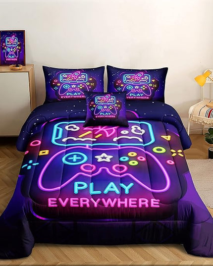 6 Pieces Gamer Bedding Set for Boys Gaming Comforter Full Size, Game Controller Comforter for Teen 3D Gamepad Microfiber 6 Piece Bed in A Bag Kids Bedding Sets with Sheets,DJT H5031 Full - LeafyLoom
