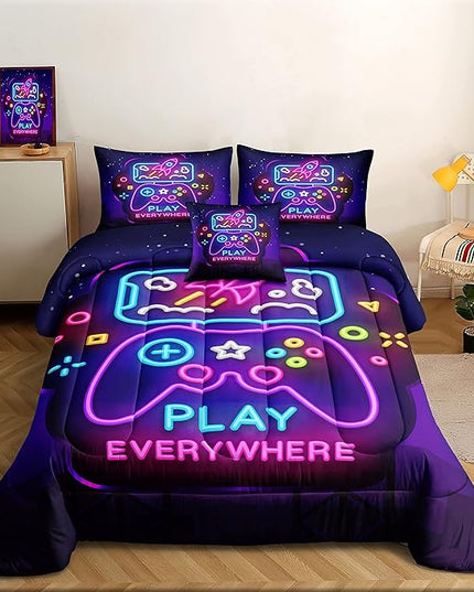 6 Pieces Gamer Bedding Set for Boys Gaming Comforter Queen Size, Game Controller Comforter for Teen 3D Gamepad Microfiber 6 Piece Bed in A Bag Kids Bedding Sets with Sheets,DJT H5031 Queen - LeafyLoom