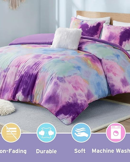 Intelligent Design Duvet Cover Queen Bedding Sets for Girls & Boys Watercolor Tie Dye Queen Duvet Cover Set Kids, Microfiber Queen Size Duvet Cover Set, Pillow Cassiopeia, Full/Queen Lavender 4 Piece - LeafyLoom