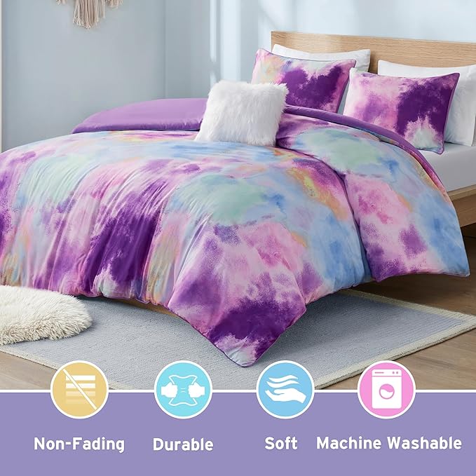 Intelligent Design Duvet Cover King Bedding Sets for Girls & Boys Watercolor Tie Dye King Duvet Cover Set Kids, Microfiber King Size Duvet Cover Set, Pillow Cassiopeia, King/Cal King Lavender 4 Piece - LeafyLoom
