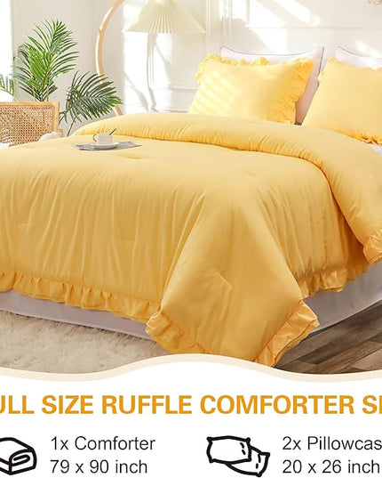 Yellow Double Ruffle Comforter Set Full Size (79x90 Inch), 3 Pcs Farmhouse Vintage Comforter Set (1 Ruffled Comforter and 2 Pillowcase), Rustic All Season Down Alternative Bedding Set - LeafyLoom