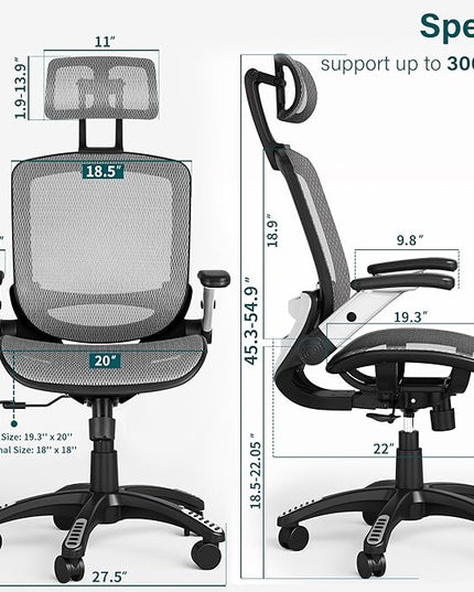 GABRYLLY Ergonomic Mesh Office Chair, High Back Desk Chair - Adjustable Headrest with Flip-Up Arms, Tilt Function, Lumbar Support and PU Wheels, Swivel Computer Task Chair, Grey - LeafyLoom
