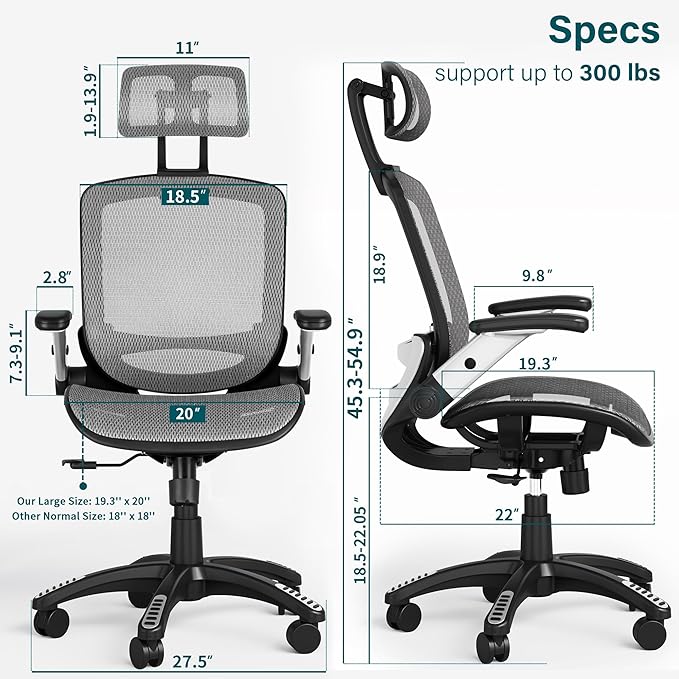 GABRYLLY Ergonomic Mesh Office Chair, High Back Desk Chair - Adjustable Headrest with Flip-Up Arms, Tilt Function, Lumbar Support and PU Wheels, Swivel Computer Task Chair, Grey - LeafyLoom