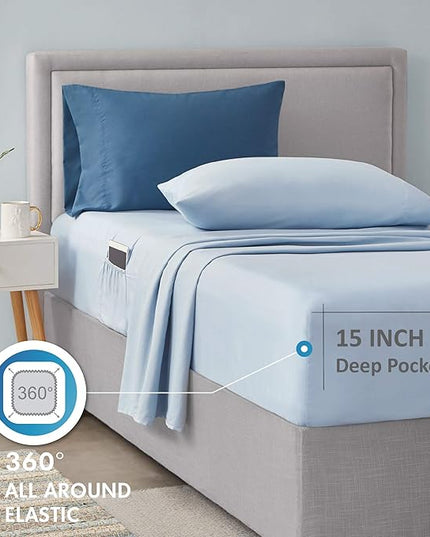 Comfort Spaces Bed in A Bag - Trendy Casual Design Cozy Comforter with Complete Sheet Set with Side Pocket, All Season Cover, Matching Shams, Twin XL(66 in x 90 in), Gloria, Damask Blue 6 Piece - LeafyLoom