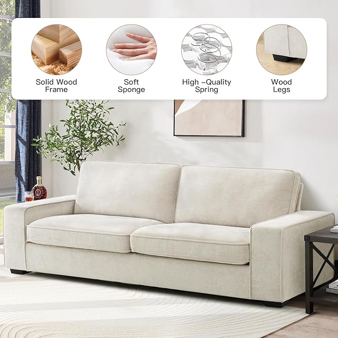 EASELAND Sofa Couch, 88" Chenille Loveseat for Living Room, 3 Seater Lounge Sofa for Bedroom with Removable Back and Seat Cushions, Modern Deep Seat Comfy Couch with Solid Wood Legs and Armrest(Beige) - LeafyLoom