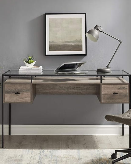 Walker Edison Writing Desk, 56, Glass Top 2 Drawer Computer, 56 Inch, Grey Wash - LeafyLoom