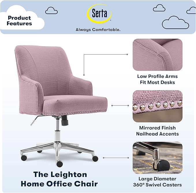 Serta Leighton Modern Office Chair, Stylish Mid-Back Desk Chair, Rivet Detail, Serta Quality Memory Foam, Armchair with Wheels, Vanity Chair, Swivel Chrome Metal Base, Twill Fabric, Lilac Purple - LeafyLoom