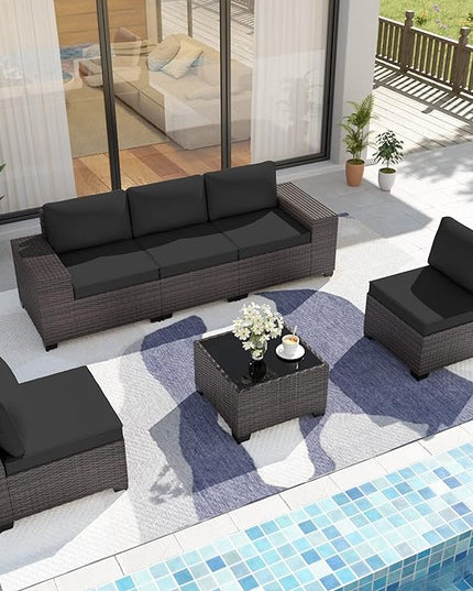 Patio Furniture Set Sofa 6-Pieces Wicker Sectional Sofa Set, Outdoor Furniture Rattan Patio Conversation Set with Thickened Cushion and Glass Coffee Table, Black - LeafyLoom