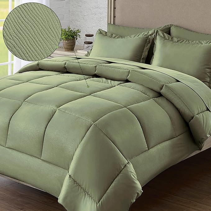 Twin Bed in a Bag 5 Pieces Comforter Set Twin, Wood Grain Texture Bedding Comforter Set Green Bed Set with Comforter, Pillowcase, Flat Sheet, Fitted Sheet and Pillow Sham - LeafyLoom