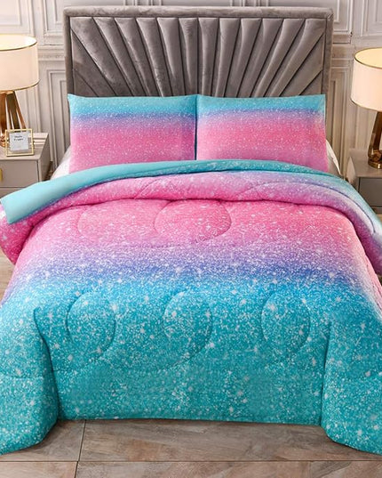 JQinHome Queen 3Pcs Glitter Comforter Sets for Girls, 3D Colorful Duvet Pink Rainbow Themed Bedding, All-Season Reversible Quilted Duvet,for Girls Women- includes 1 Comforter, 2 Pillowcases - LeafyLoom