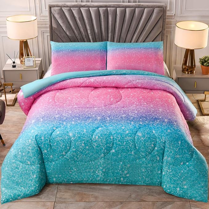 JQinHome Queen 3Pcs Glitter Comforter Sets for Girls, 3D Colorful Duvet Pink Rainbow Themed Bedding, All-Season Reversible Quilted Duvet,for Girls Women- includes 1 Comforter, 2 Pillowcases - LeafyLoom