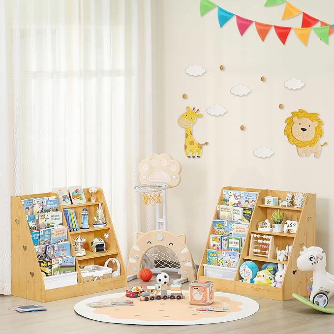 Lerliuo 4 Tier Kids Bookshelf and Storage Organizer, Five Layer Sling Children Bookcase, Baby Toddler Wooden Book Shelf, Display Cabinet for Playroom, Bedroom, Classroom, Nursery, School (Natural) - LeafyLoom