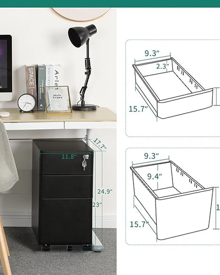 YITAHOME 3-Drawer Metal Filing Cabinet Office, Compact Portable Slim File Cabinet Drawers with Keys, Pre-Built Office Storage Cabinet for A4/Letter/Legal (Black) - LeafyLoom